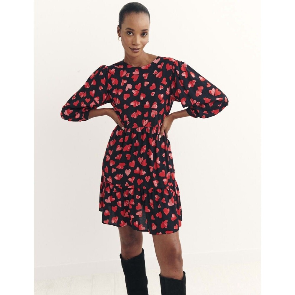Nobody’s Child Heart Print Mini Dress US 2 Black Red Tiered Long Sleeve
